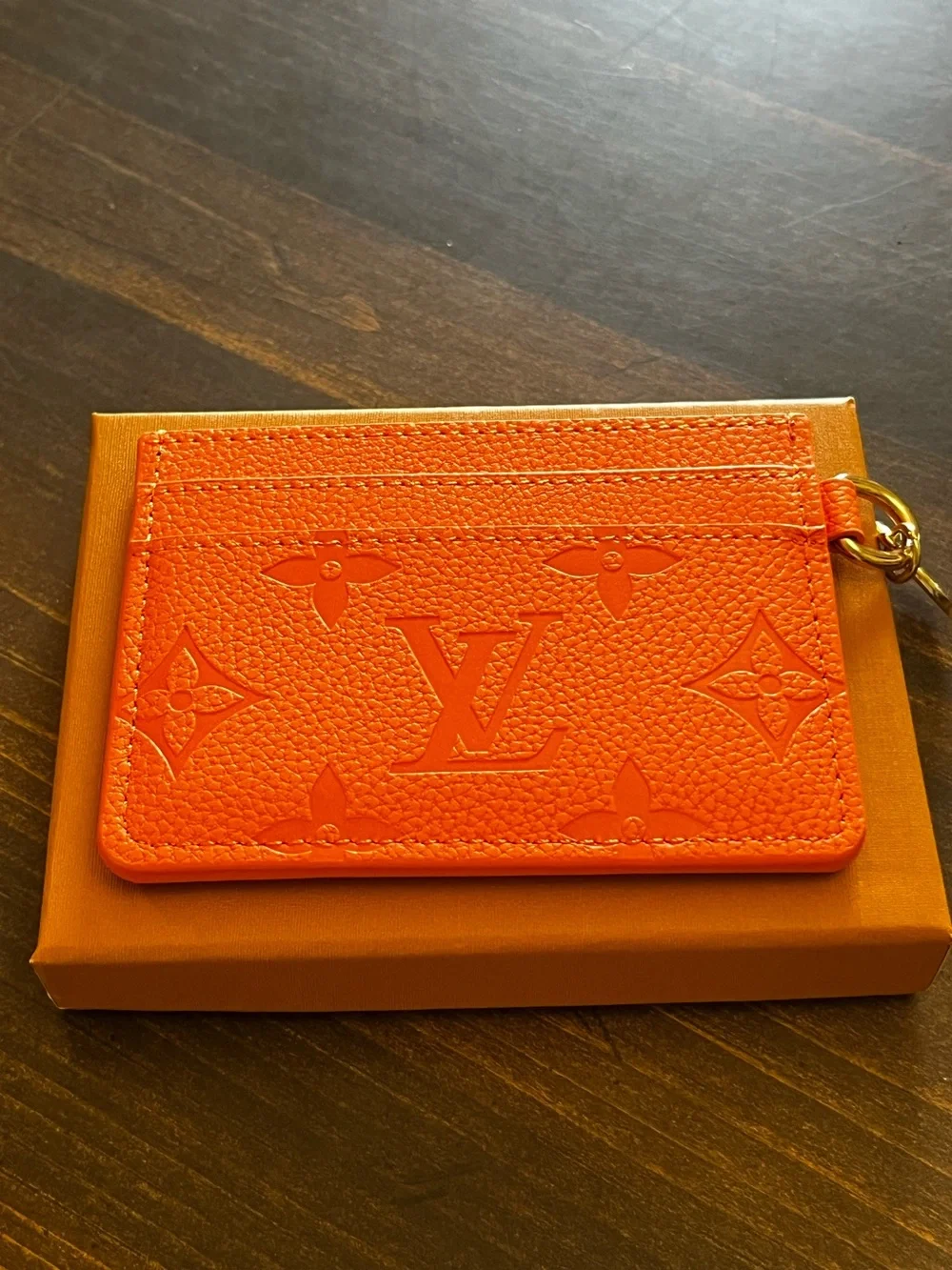 🧡 Louis. Vuitton. Vibrant Orange Gold Tone Charm Letter Monogram Card Holder